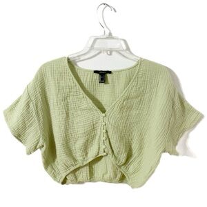 Forever 21 V-Neck Short Sleeve Crop Top Solid Pattern Elastic Hem Sage Green 💚